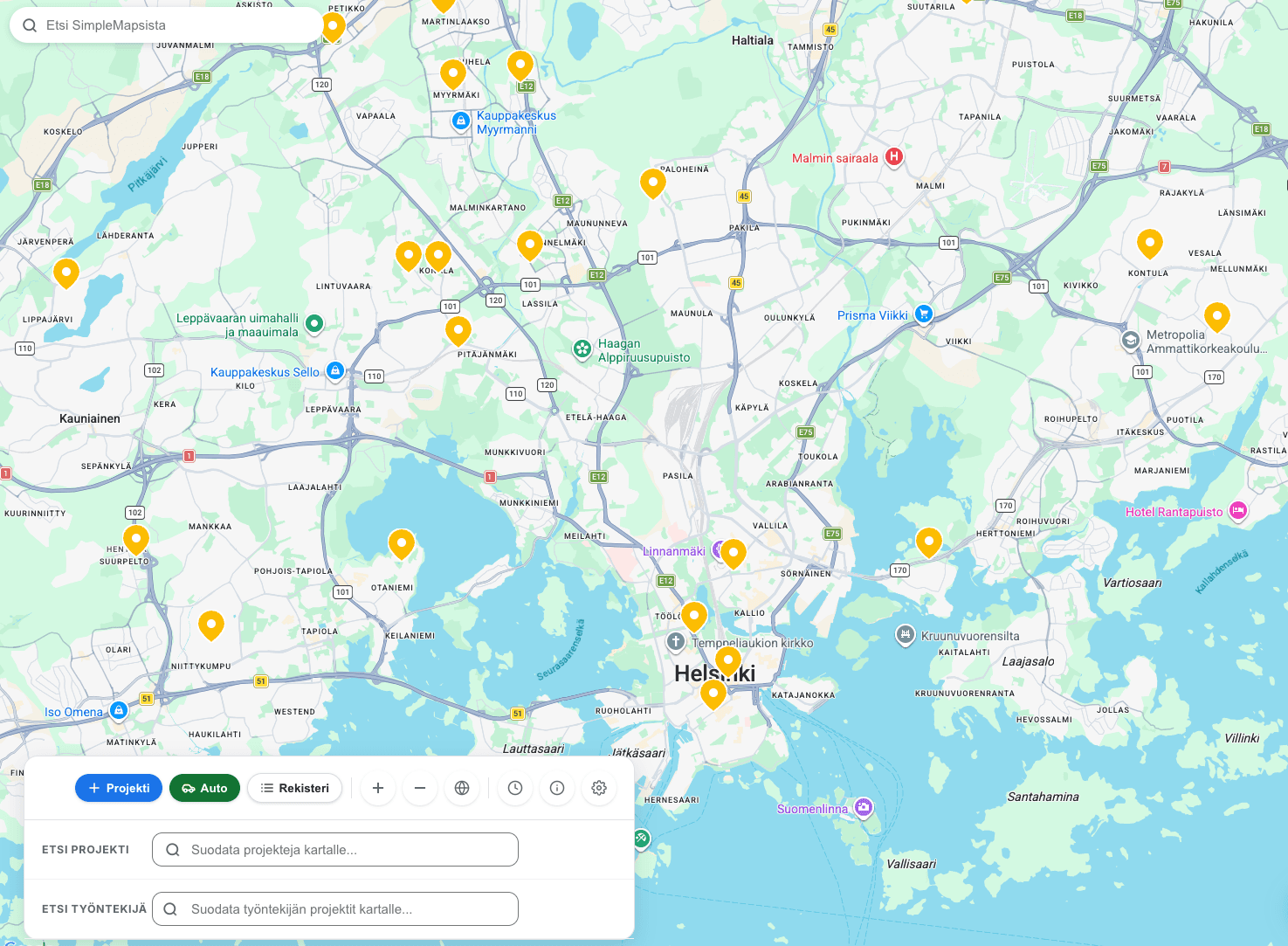 SimpleMaps — Helsingin alueen projekti-pinit kartalla
